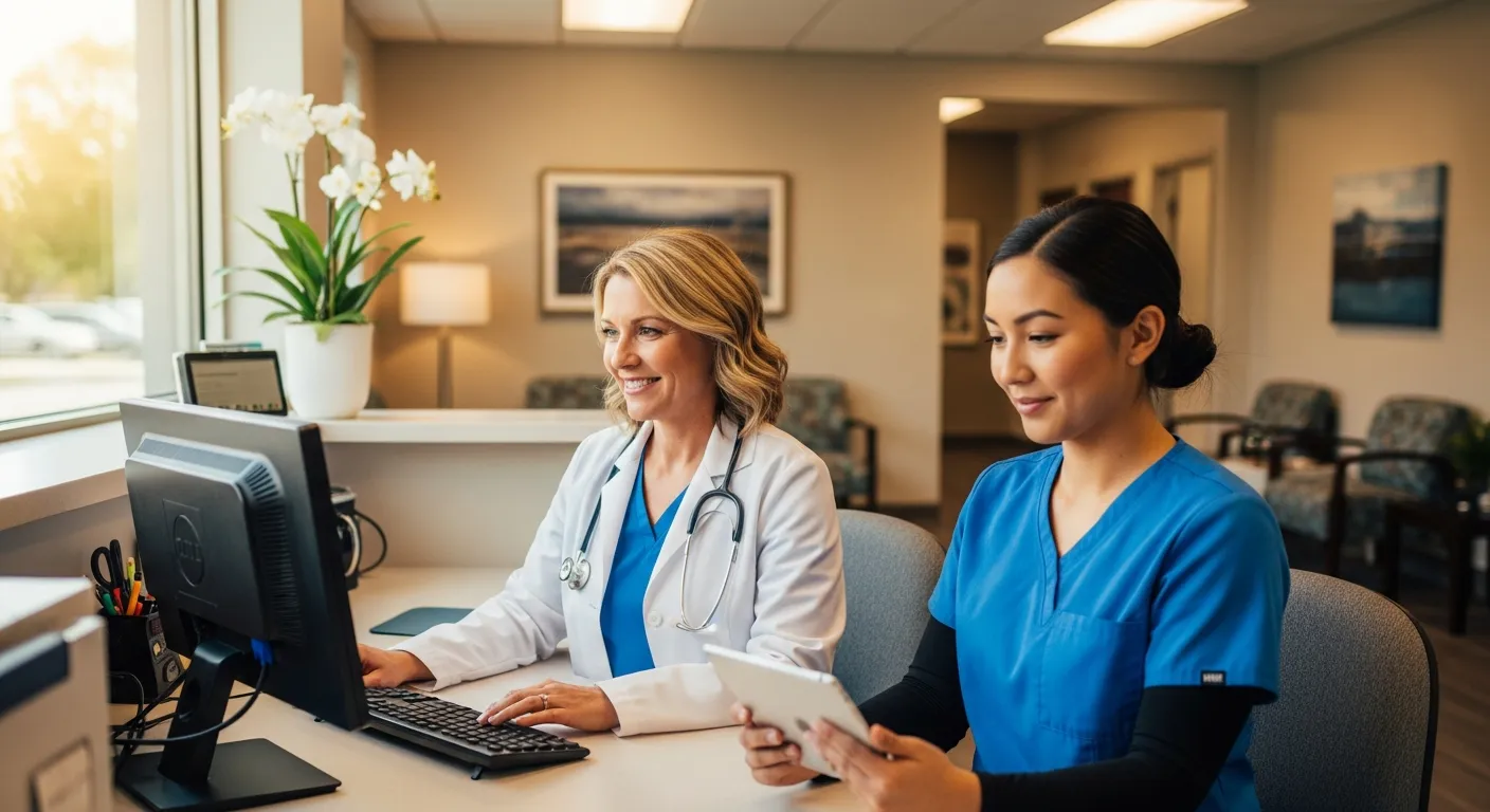 Healthcare professionals using technology in a modern medical practice
