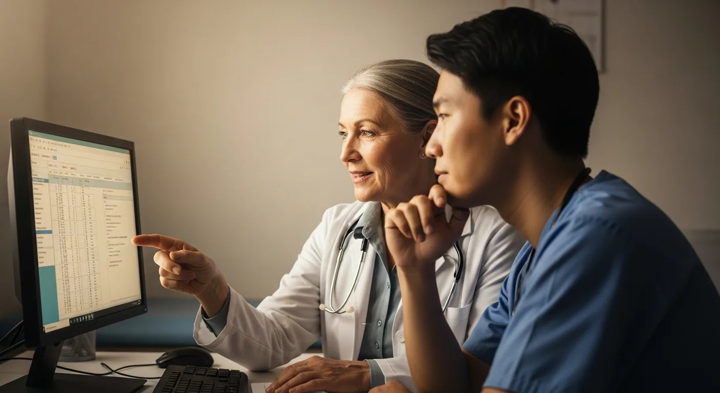 Two healthcare professionals reviewing patient information at a computer together