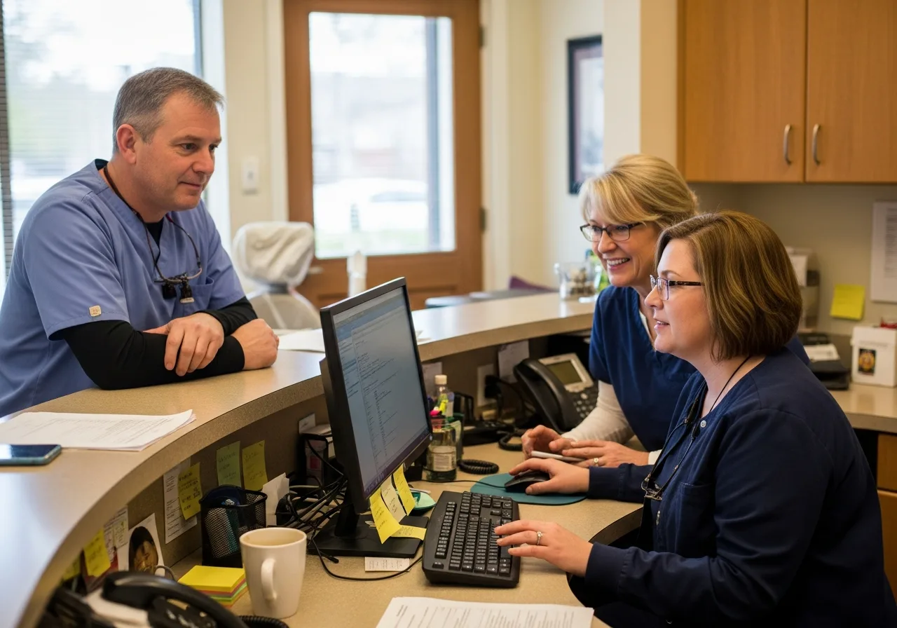 Dental practice staff reviewing patient information at the front-desk computer